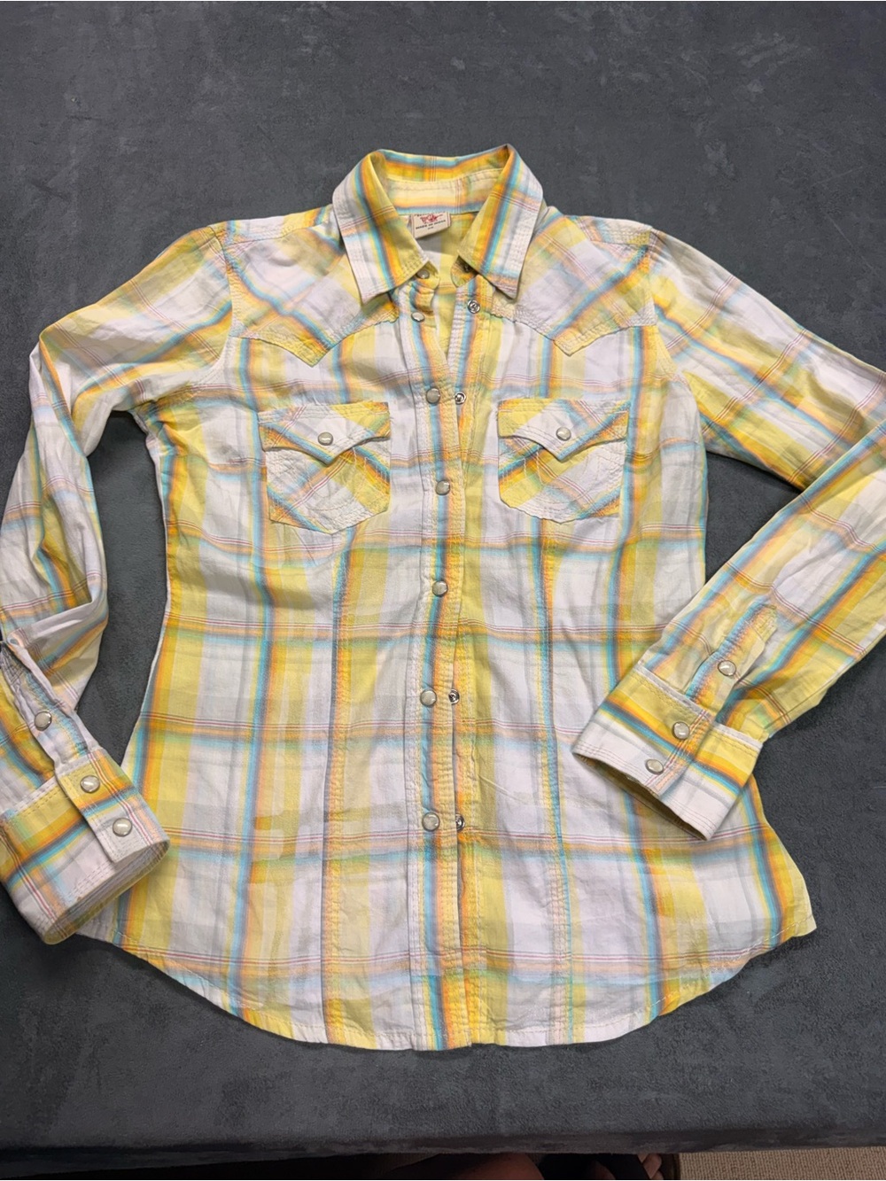 Y2K True Religion Western Plaid Pearl Button Fotted Shirt XS